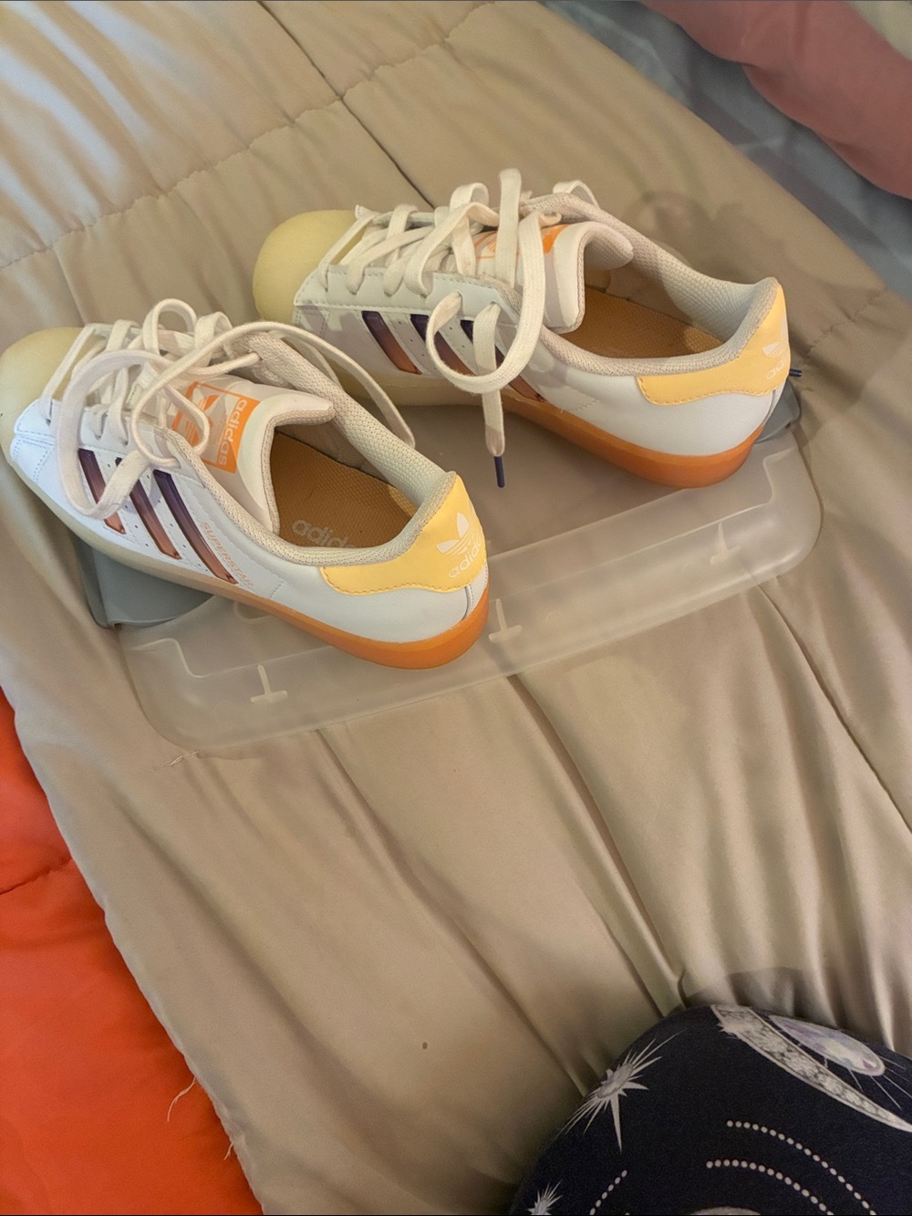 adidas Kids White Sneakers with Yellow Heel and Orange Sole